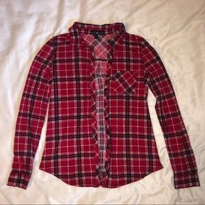 Red Plaid Button Down Long Sleeve Blouse